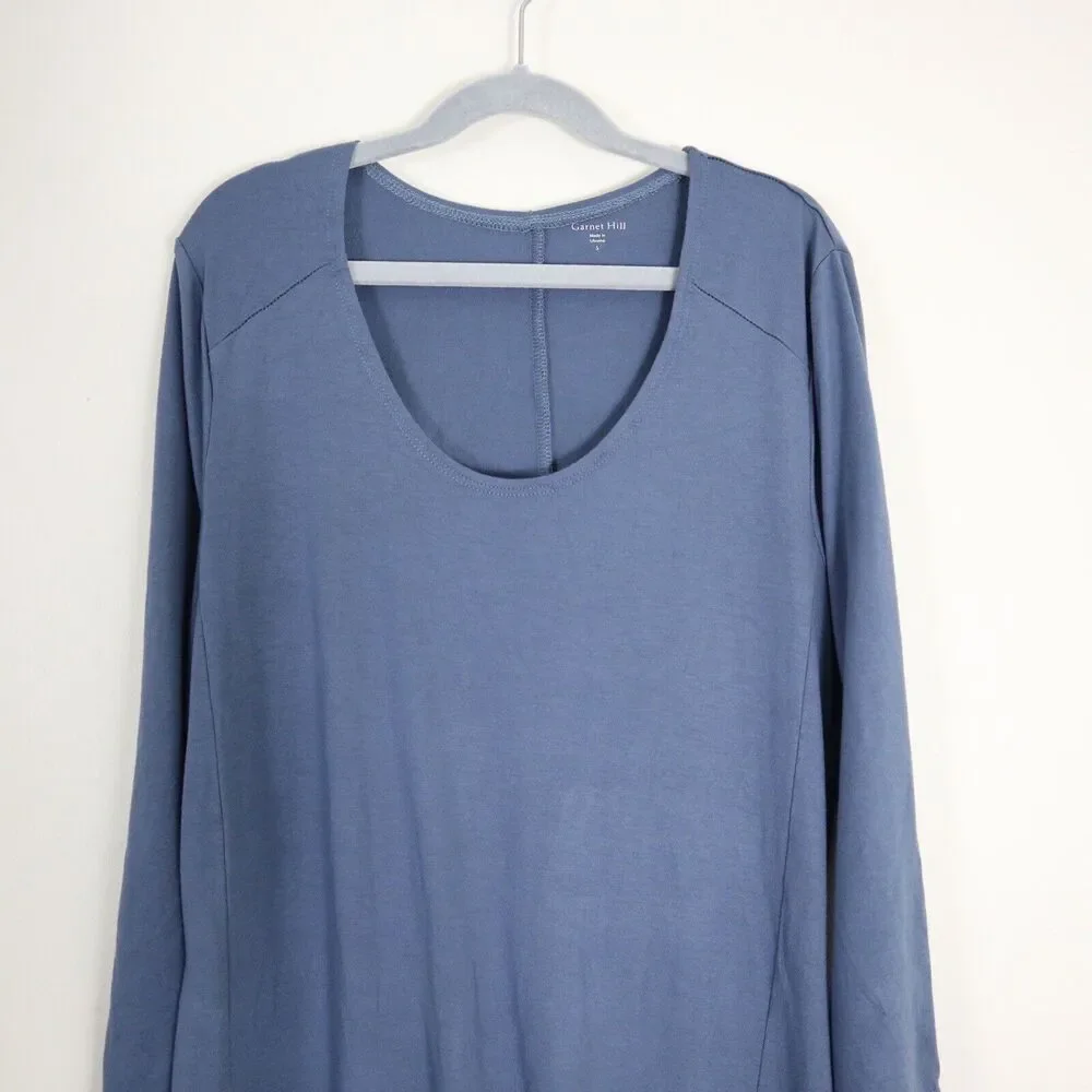 Garnet Hill Size S Scoop Neck Jersey Knit Trapeze Dress 3/4 Sleeve Blue - Picture 3 of 11